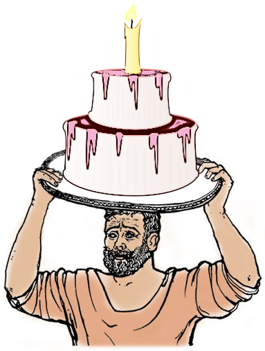 Grumio the cook holding a tray with a two tier birthday cake with big candle above his head.