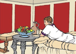 Quintus reclining at a dining table
